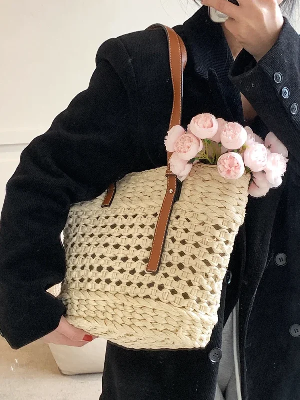 2025 Summer Handwoven Straw Beach Tote Bags for Women Vintage Hollow Out Handbag Basket Rattan Vacation Shoulder Bag - Image 2