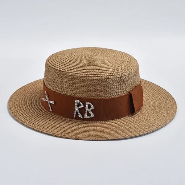 New Straw Hats for Women Fashionable Metal RB Letter Elegant Holidays Boater Hat Summer Flat Top Beach Sun Hat - Image 2