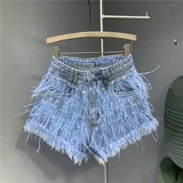 2025 Summer New Personalized Tassel Inlaid Diamond Wash Light Blue Denim Shorts Women's Streetwear Fashion Short Hot Pants - Image 6