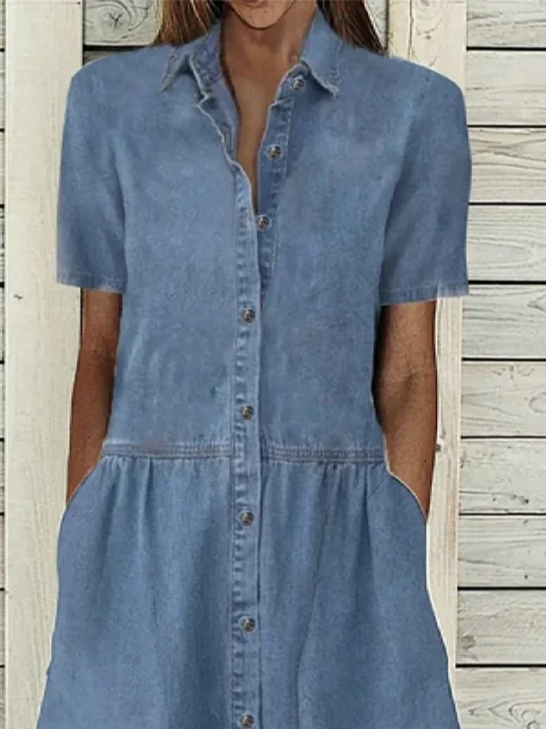 Summer Short Sleeve Shirt Dress Women Button Patchwork Blue Denim Loose Midi Dress Pockets Casual Pocket Long Dresses 2025 - Image 2
