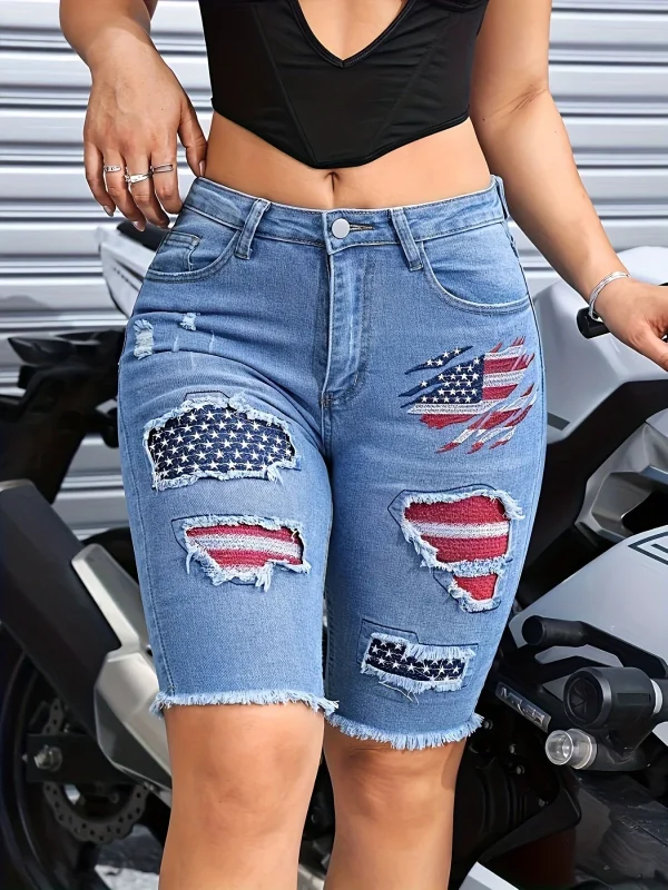 2025 Women's Patriotic Embroidered Jeans Tear Patch Retro Piercing Bottom Edge Detail American Flag Street Wear Shorts - Image 2