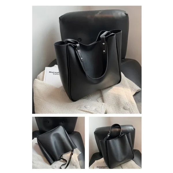 Simple Women Bucket Shoulder Bags New Solid Color Handbags Retro Large Capacity Tote Bags Large Capacity Pu Leather Bags 2025 - Image 4