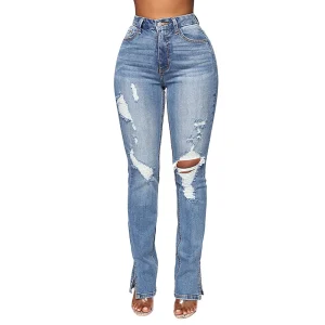 Women Trouser Jeans High Waist Button Ripped Small Feet Slit Jeans Colombian Jeans Small Feet Slit Jeans Pantalones Anchos Mujer