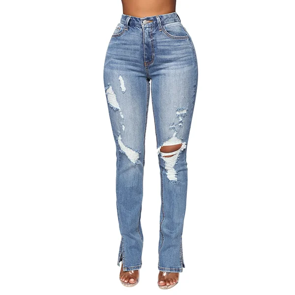 Women Trouser Jeans High Waist Button Ripped Small Feet Slit Jeans Colombian Jeans Small Feet Slit Jeans Pantalones Anchos Mujer