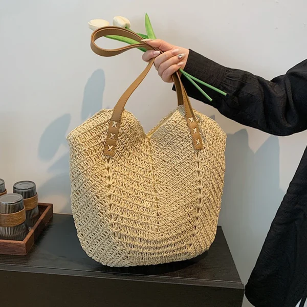 Handmade Fashion Straw Shoulder Bag for Women with Bow Scarf Travel Beach Handbag Girls Shopping Pack Feminine Style - Image 2