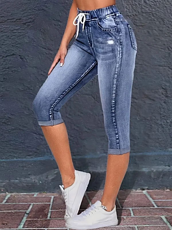Y2K Style Women's Peacock Blue Stretch Mid-Rise Capri Jeans - Summer Casual Distressed Denim with Drawstring Waist - Image 4