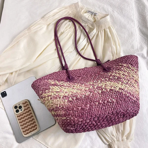 Colorful Straw Woven Beach Bag Large Capacity Underarm Basket Bag Seaside Holiday Woven Bag Spacious Women Shopper Tote Handbag - Image 2