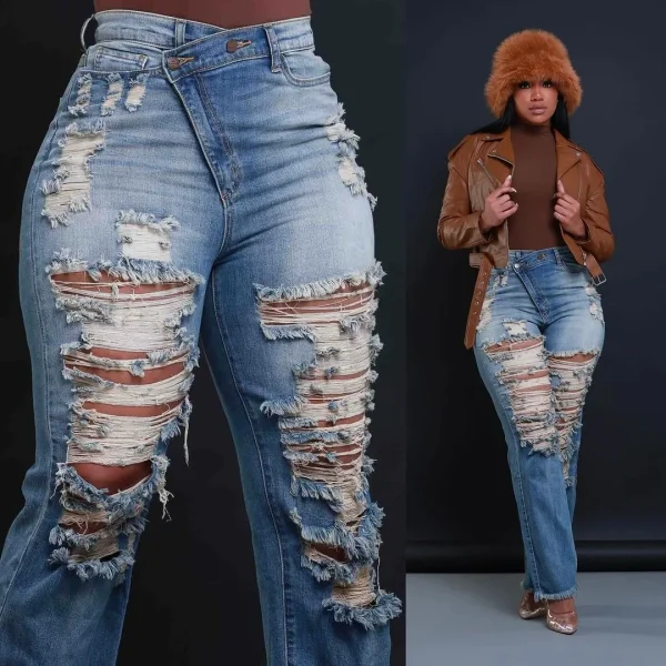 Women Mom Holes Jeans High Waist Trousers Zipper Straight Pant Office Lady Jeans Blue Long Bodycon 2025 Summer Y2k Streetwear - Image 2