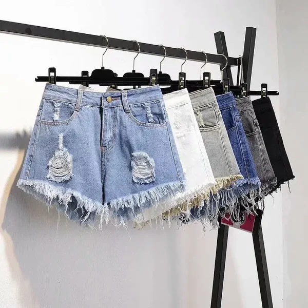 Large Size Denim With Ruffled Shorts Women's Summer High Waisted Loose Hole Wide Leg Student A-line Hot Pants Basic Short Jeans
