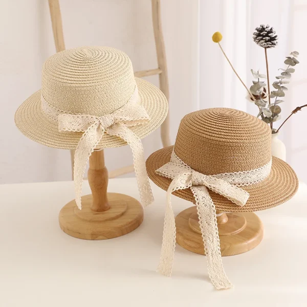 New Child Summer Sun Hat Bucket Cap Simple Beige Lace Bowknot Ribbon Flat top Straw Hat Beach Outing Caps Panama