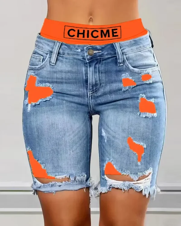 Women Contrasting Color Splicing Fake Two-piece Denim Shorts High Waist Shorts Pants - Image 4