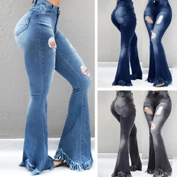 Full Length Denim Women Flared Pants High Waist Pockets Ripped Holes Bell Bottom Trousers Tassel Cuffs Denim Pants Women Jeans