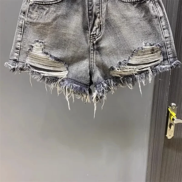 Worn Legs with Rough Edges Washed Black Denim Shorts 2025 Summer New Women Fashion A-line Wide Leg Hole Ripped Denim Shorts - Image 6