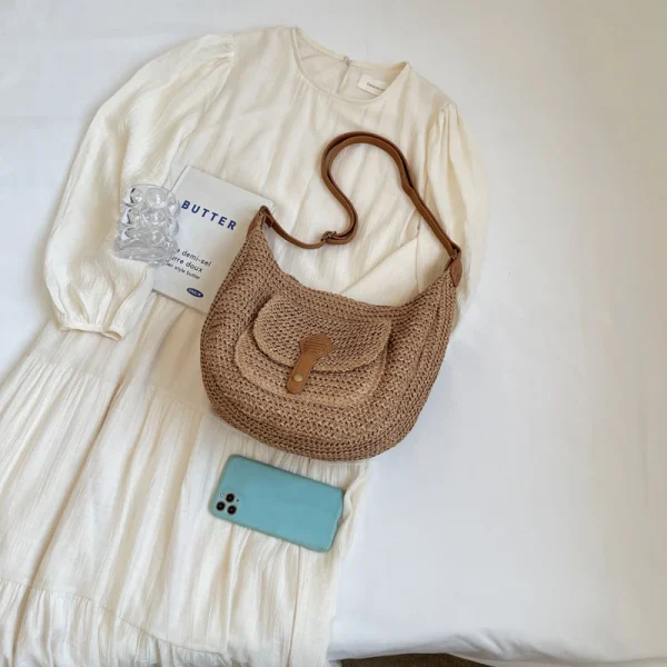 Leisure high-capacity seaside beach vacation grass woven bag for women's 2025 new versatile crossbody bag woven shoulder bag - Image 5