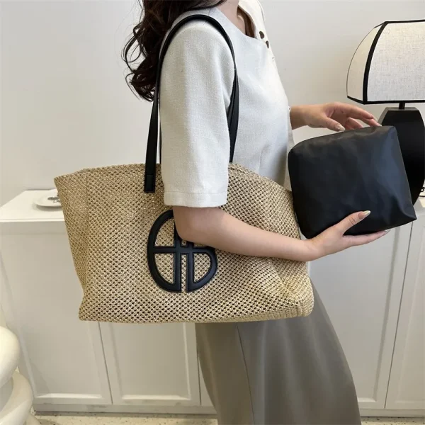 Straw Hollow Out Knitting Tote Bag Large Capacity Handmade Shoulder Handbag Women 2025 Designer Casual Beach Bag Ethnic Style - Image 2