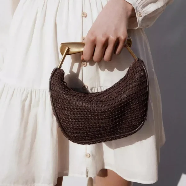 Summer Rattan Woven Crossbody Shoulder Bag,Half-Moon Beach Straw Tote Bag,Women Designer Purse,Casual Metal Handle Straw Handbag - Image 5