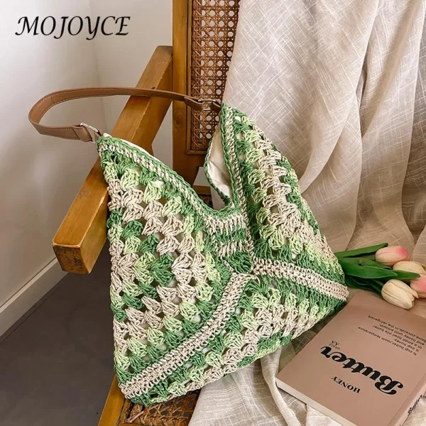 Women Woven Handbag Large Capacity Casual Tote Bag Wear Resist Hollowed-Out Braid Bag Summer Beach Travel Bag - Image 2