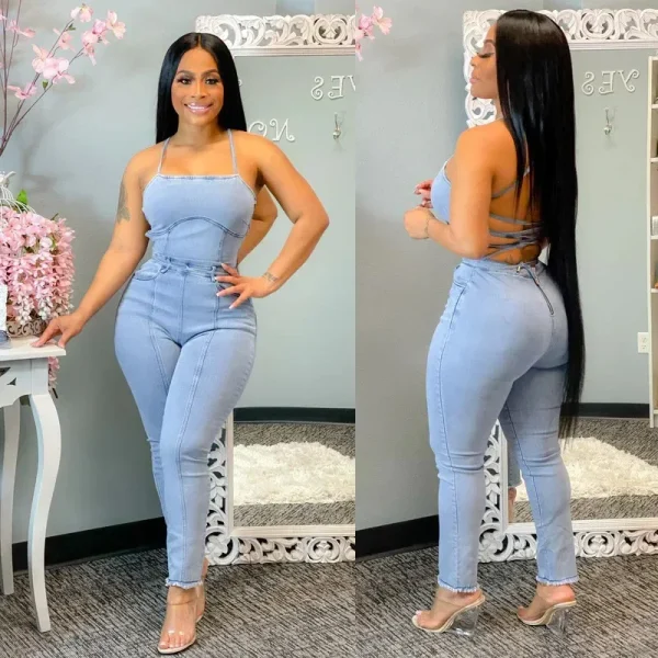 Women Sleeveless Overall Pants Jumpsuits Fashion Slim Fit Backless Bandage Denim Jumpsuit High Waist Jeans - Image 2
