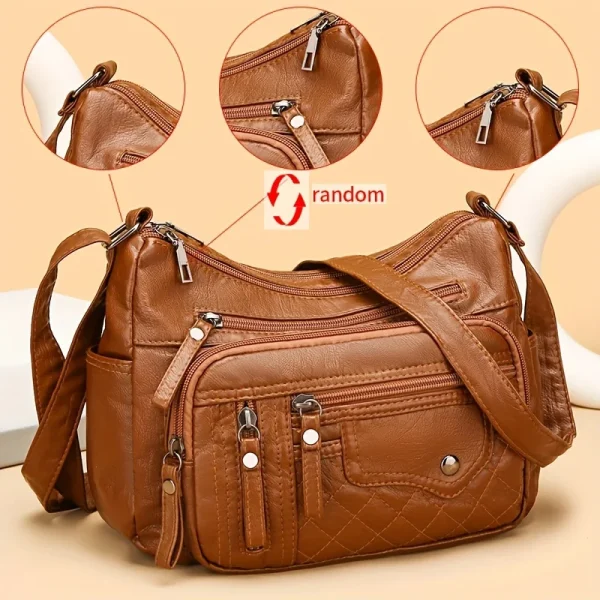 Ladies Bag Fashion Multi Zip Crossbody Multi Pocket Stitching Soft Vegan Leather Shoulder Bag Multi Pocket Handbag Purse - Image 2