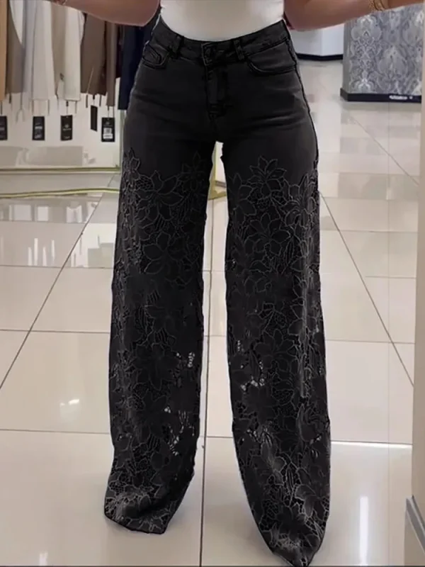 Plus Size Women's Stretch Denim Jeans With Cut-Out Lace Splicing Summer New High Waist Wide Pants Elegant Female Chic Trousers - Image 6
