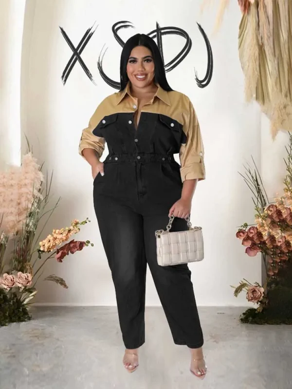 Casual Elegant Womens Jumpsuits with Jeans Autumn Winter Long Sleeve One Piece Outifts Cotton and Denim Jumpsuit Plus Size Lady - Image 6