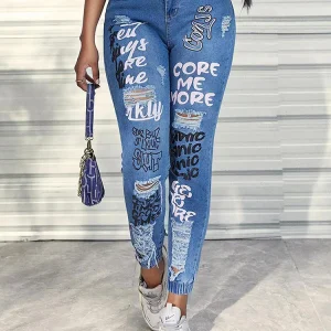 Benuynffy Streetwear Hip Hop Letter Print Ripped Jeans Women Fashion Y2K Harajuku Mid Waisted Casual Pencil Pants Spring New