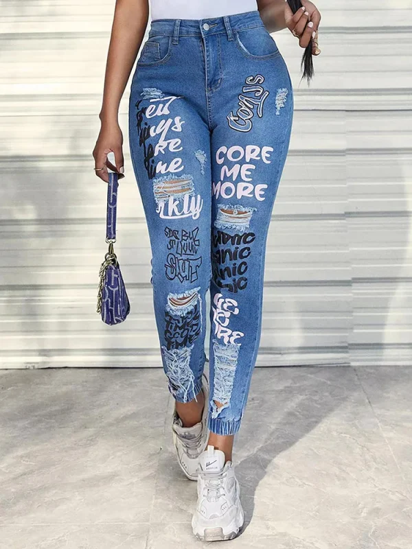 Benuynffy Streetwear Hip Hop Letter Print Ripped Jeans Women Fashion Y2K Harajuku Mid Waisted Casual Pencil Pants Spring New