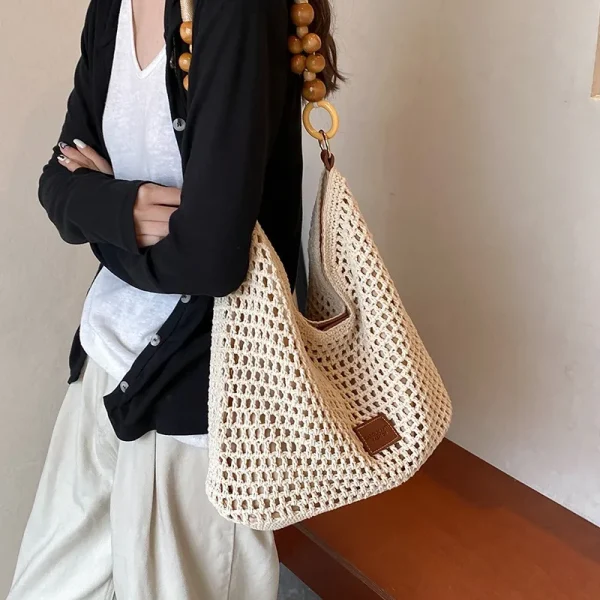 Beach Summer Bag for Women Mesh Woven Shoulder Bag Adjustable Strap Handbag Large Capacity Hobo Bag for Travel Vacation - Image 3