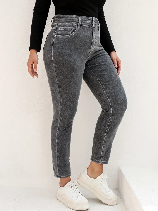 Plus Size Gray Jeans for Women Stretchy High Waist Mom Jeans Harem Full Length Washing Denim Jeans Curvy Fitting 100 Kgs Jeans - Image 3