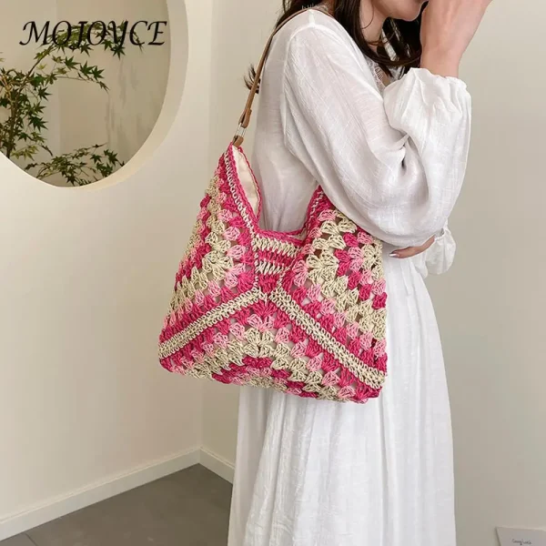 Women Woven Handbag Large Capacity Casual Tote Bag Wear Resist Hollowed-Out Braid Bag Summer Beach Travel Bag - Image 3