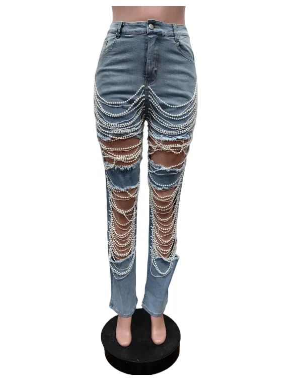 Jeans Women Long Pants Denim Pant Hole Pearl Slim Mom Blue Sexy Y2k Streetwear Casual Elegant Button Pocket Trousers Summer - Image 5