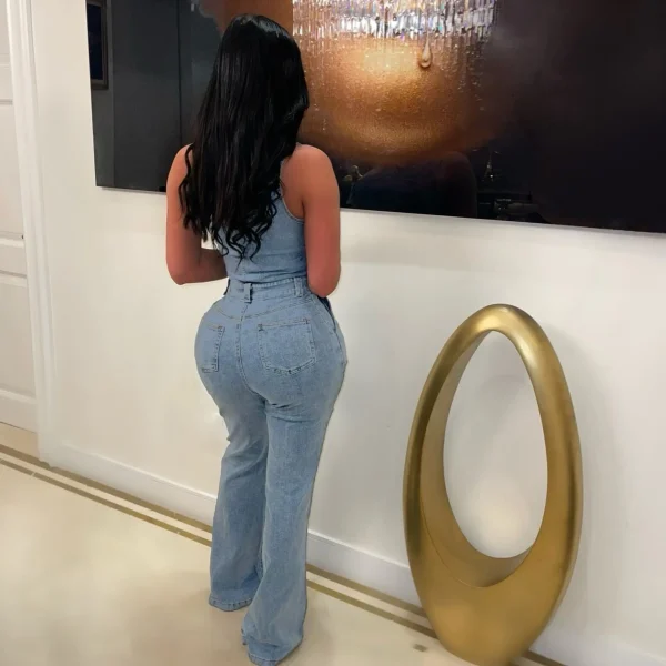 Flare Denim Pants Full Length Women Jeans One Piece Overalls Spliced Solid Jumpsuits Loose Pockets High Waist Basics Washed - Image 6