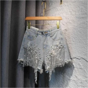 Women Sequined Fringe Denim Shorts Summer Rhinestone Pearl Beading Short Jeans Casual Fashion High Waist Female A-line Shorts