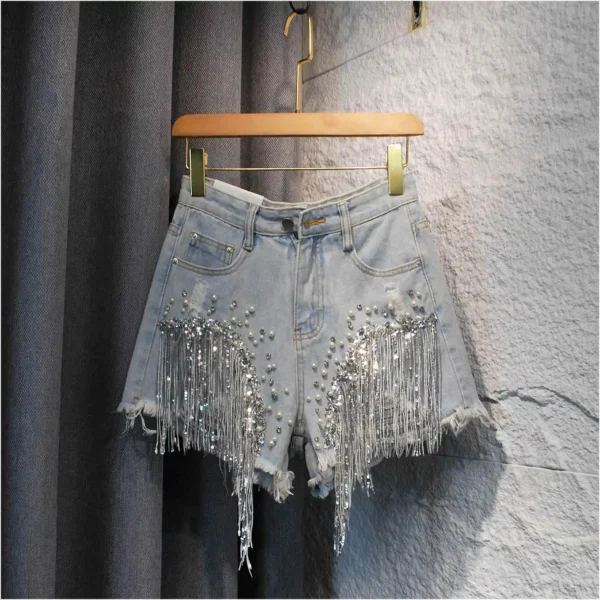Women Sequined Fringe Denim Shorts Summer Rhinestone Pearl Beading Short Jeans Casual Fashion High Waist Female A-line Shorts