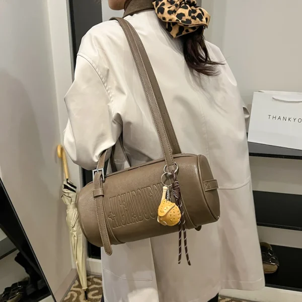 Multifunctional Cylinder Shaped Shoulder Bags For Women 2025 Winter Latest Designer Handbags Luxury Cross Body Bag With Pendant - Image 5