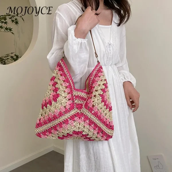 Women Woven Handbag Large Capacity Casual Tote Bag Wear Resist Hollowed-Out Braid Bag Summer Beach Travel Bag - Image 6