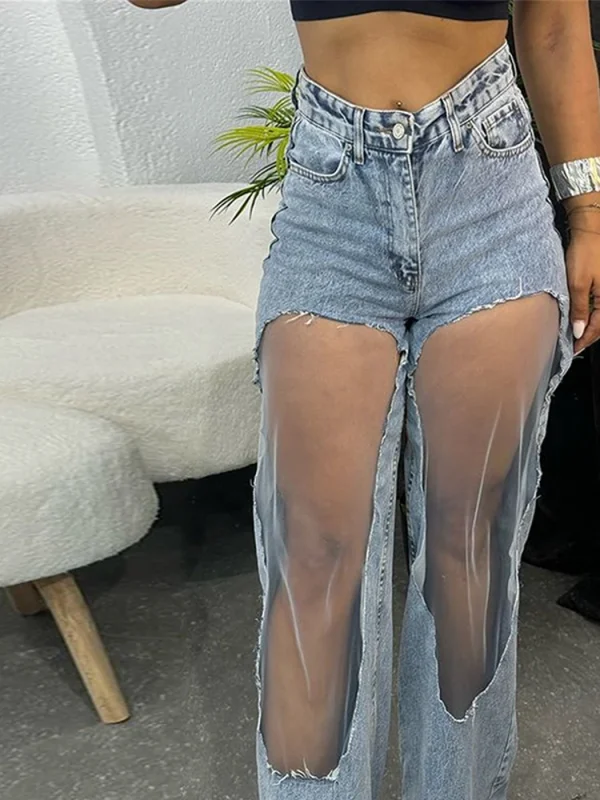 Y2k Cut-out Gradient Woman's Denim Pants Mesh Patchwork Low Rise Jeans for Women Baggy Wide Leg Dragging Vintage Denim Trousers - Image 6