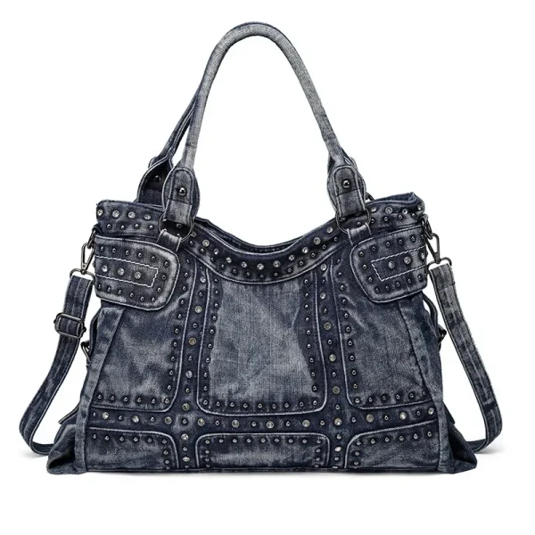 Jeans Bags for Women Hand Bag Large Capacity Retro Denim Tote Bag with Rivet Decoration Crossbody Shoulder Bag