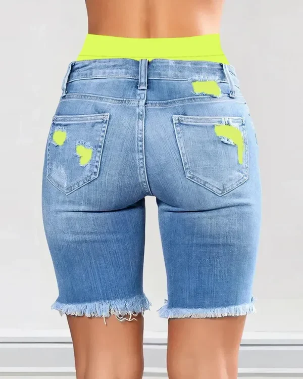 Women Contrasting Color Splicing Fake Two-piece Denim Shorts High Waist Shorts Pants - Image 3