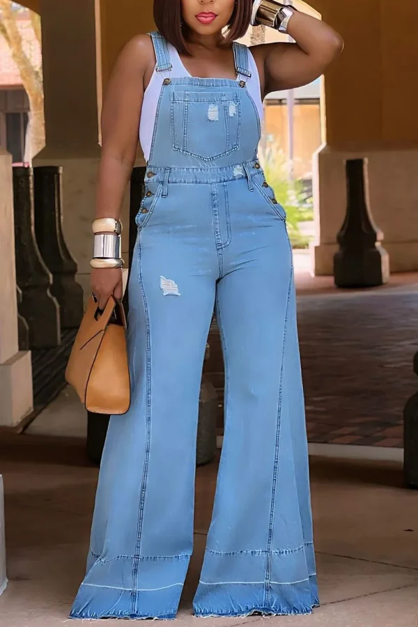 Streetwear Button Jean Jumpsuits for Women Clothing Adjustable Strap Wide leg Pants Denim Rompers One Piece Overalls Plus Size - Image 2