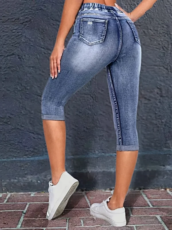 Y2K Style Women's Peacock Blue Stretch Mid-Rise Capri Jeans - Summer Casual Distressed Denim with Drawstring Waist - Image 2