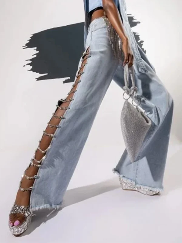 Sexy hole rhinestone denim pants women fashion baggy pants hotwife streetwear high waist wide leg jeans woman clothing trousers - Image 6
