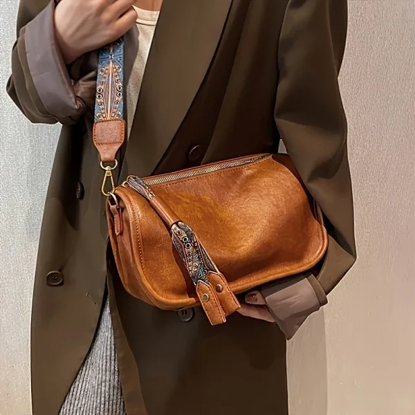Graphic Pattern Zipper Crossbody Bag, Stylish Leather Shoulder Bag with Wide Strap Large Capacity Daily Purse Designer Hobos Bag - Image 5
