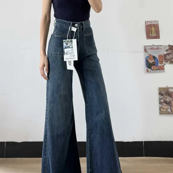 Women's Autumn New Fashion Retro Micro-flared Jeans, Solid Color High-waisted Straight Wide Leg Pants, Loose Floor-length Jeans - Image 4