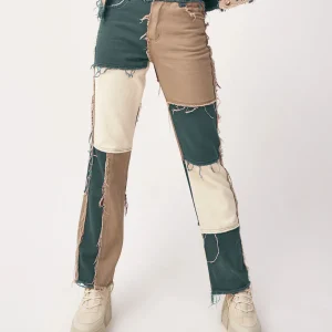 2025 Hot Sale Mixed Color Patchwork Jeans For Women Fashion High Stretch Denim Straight Pants Street Hipster Trousers XS-2XL