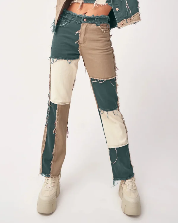 2025 Hot Sale Mixed Color Patchwork Jeans For Women Fashion High Stretch Denim Straight Pants Street Hipster Trousers XS-2XL