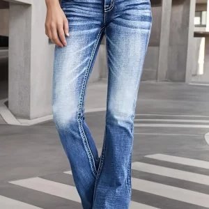 Women's High Elastic Embroidered Flared Jeans, Fashionable Casual Jeans with Pockets, Washed Blue, Comfortable Fit, Can Be Worn in All Seasons
