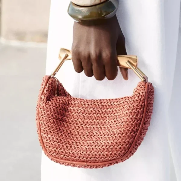 Summer Rattan Woven Crossbody Shoulder Bag,Half-Moon Beach Straw Tote Bag,Women Designer Purse,Casual Metal Handle Straw Handbag - Image 4