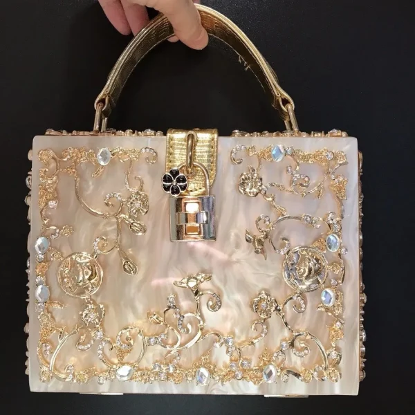 High-Grade crystal Evening Bag Female New Hollow Out Metal Carved Flower Diamond Handbag Box Fashion Chic Shoulder Crossbody Bag - Image 5