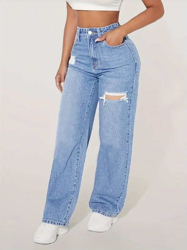 Y2K style women's ripped blue straight jeans - high waist stretch jeans, suitable for casual outings and play wear - Image 4